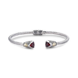 SAMUEL B STERLING SILVER & 18K YELLOW GOLD 3MM BANGLE WITH TRILLION SHAPE GARNET