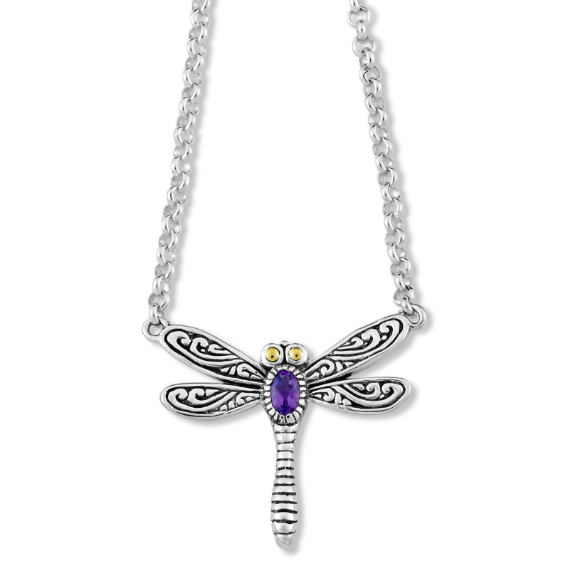 SAMUEL B COLLECTION KLABAT STERLING SILVER & 18K YELLOW GOLD SCROLL DRAGONFLY PENDANT WITH OVAL AMETHYST 18