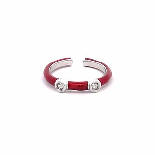 SOHO STERLING SILVER RED ENAMELLED BEZEL RING SIZE 6.5 WITH 2=0.06TW ROUND G SI2 DIAMONDS