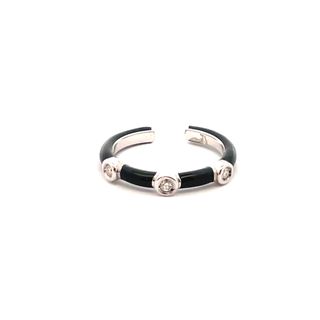 SOHO STERLING SILVER BLACK ENAMELLED BEZEL RING SIZE 6.5 WITH 3=0.09TW ROUND G SI2 DIAMONDS