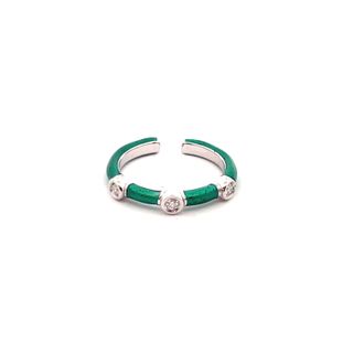 SOHO STERLING SILVER EMERALD ENAMELLED BEZEL RING SIZE 6.5 WITH 3=0.09TW ROUND G SI2 DIAMONDS