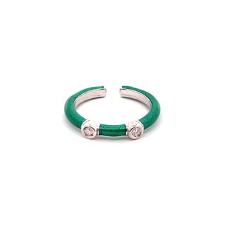 SOHO STERLING SILVER EMERALD ENAMELLED BEZEL RING SIZE 6.5 WITH 2=0.06TW ROUND G SI2 DIAMONDS