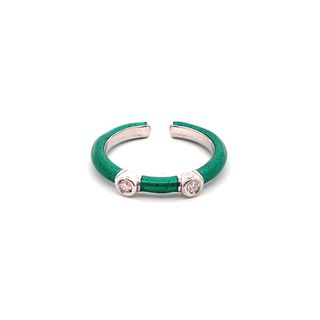 SOHO STERLING SILVER EMERALD ENAMELLED BEZEL RING SIZE 6.5 WITH 2=0.06TW ROUND G SI2 DIAMONDS