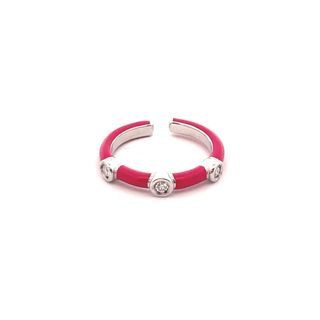 SOHO STERLING SILVER MAGENTA ENAMELLED BEZEL RING SIZE 6.5 WITH 3=0.09TW ROUND G SI2 DIAMONDS