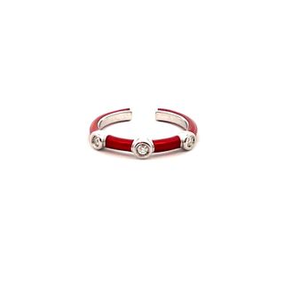 SOHO STERLING SILVER RED ENAMELLED BEZEL RING SIZE 6.5 WITH 3=0.09TW ROUND G SI2 DIAMONDS