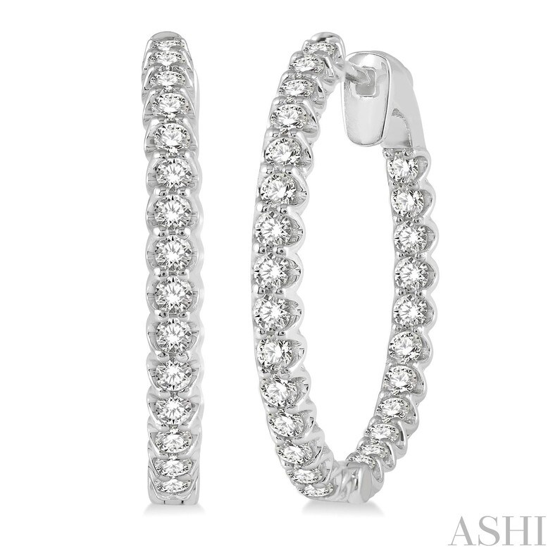 14K WHITE GOLD INSIDE OUT HOOP DIAMOND EARRINGS WITH 54=2.00TW ROUND I-J SI2-I1 DIAMONDS