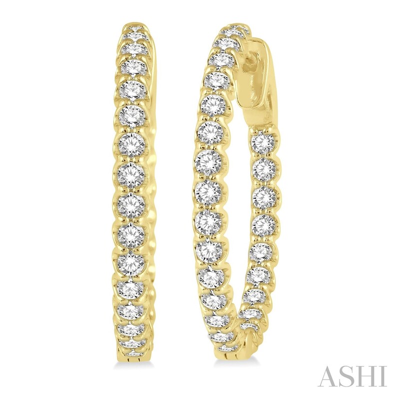 14K YELLOW GOLD INSIDE OUT HOOP DIAMOND EARRINGS WITH 52=1.50TW ROUND I-J SI3-I1 DIAMONDS