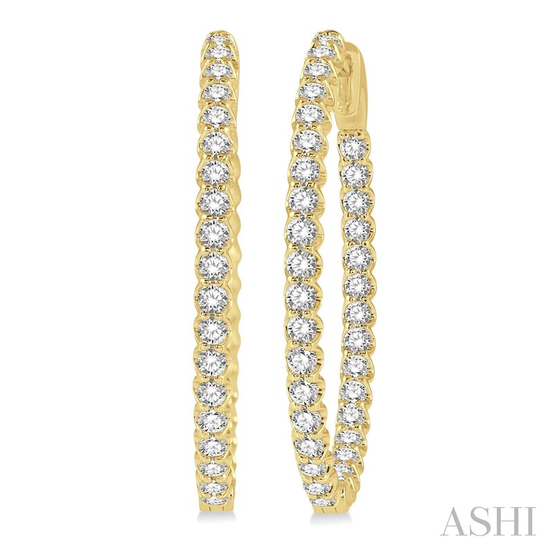 14K YELLOW GOLD OVAL INSIDE OUT HOOP DIAMOND EARRINGS WITH 68=2.00TW ROUND I-J SI2-I1 DIAMONDS