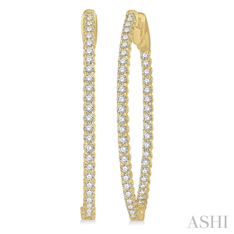 14K YELLOW GOLD OVAL INSIDE OUT HOOP DIAMOND EARRINGS WITH 94=1.00TW ROUND I-J SI2-I1 DIAMONDS