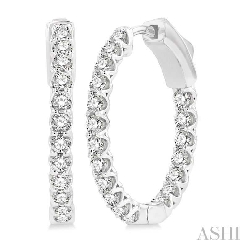 14K WHITE GOLD INSIDE OUT HOOP DIAMOND EARRINGS WITH 38=1.00TW ROUND I-J SI3-I1 DIAMONDS   (4.06 GRAMS)
