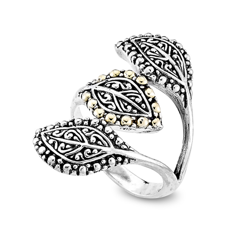 SAMUEL B COLLECTION DAUN STERLING SILVER & 18K YELLOW GOLD BEADED LEAF BYPASS RING SIZE 6.5