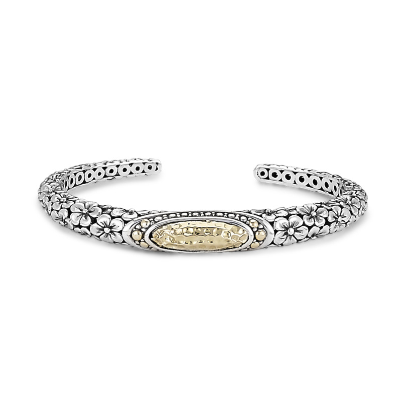 SAMUEL B COLLECTION IJEN STERLING SILVER & 18K YELLOW GOLD FLORAL BANGLE BRACELET WITH HAMMERED 18K YELLOW GOLD CENTER OVAL