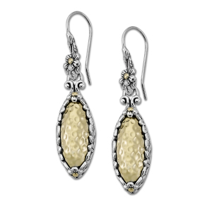 SAMUEL B STERLING SILVER & 18K YELLOW GOLD HAMMERED FLORAL DANGLE EARRINGS