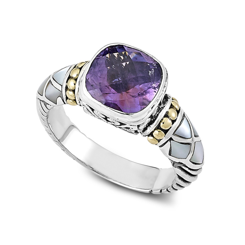 STERLING SILVER & 18K YELLOW GOLD BEZEL AMETHYST WITH MOTHER OF PEARL INLAY RING SIZE 7