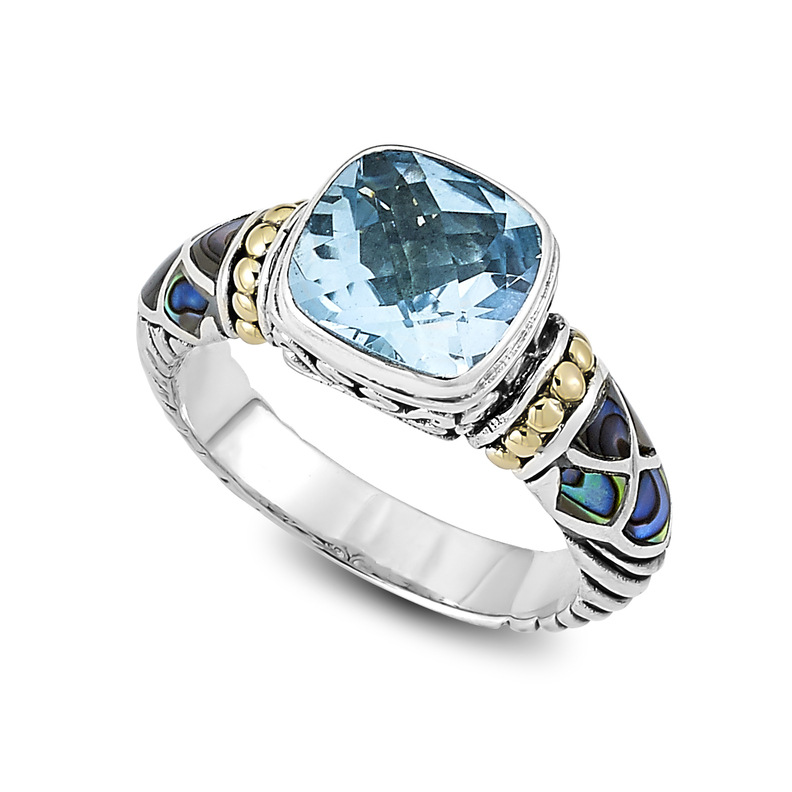 SAMUEL B STERLING SILVER & 18K YELLOW GOLD RAK RING WITH CUSHION BLUE TOPAZ AND ABALONE INLAY SIZE 7