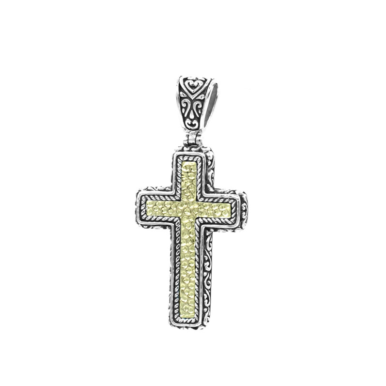 SAMUEL B COLLECTION PETITE REIGN STERLING SILVER & 18K YELLOW GOLD FILIGREE AND HAMMERED CROSS PENDANT