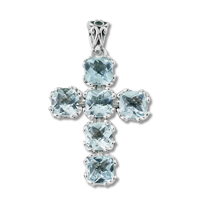 SAMUEL B COLLECTION GLOW STERLING SILVER CROSS PENDANT WITH SIX CUSHION CUT BLUE TOPAZ