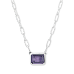 SAMUEL B STERLING SILVER BIRTHSTONE NECKLACE WITH EMERALD CUT 9 X 7 AMETHYST ON PAPERCLIP CHAIN