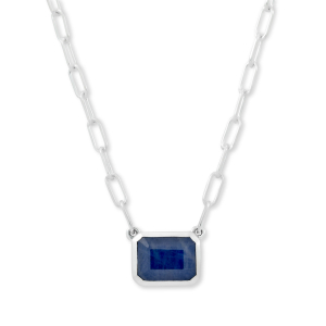 SAMUEL B STERLING SILVER BIRTHSTONE NECKLACE WITH EMERALD CUT 9 X 7 BLUE SAPPHIRE ON PAPERCLIP CHAIN