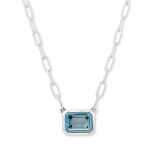 SAMUEL B STERLING SILVER BIRTHSTONE NECKLACE WITH EMERALD CUT 9 X 7 BLUE TOPAZ ON PAPERCLIP CHAIN