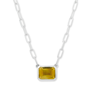 SAMUEL B STERLING SILVER BIRTHSTONE NECKLACE WITH EMERALD CUT 9 X 7 CITRINE ON PAPERCLIP CHAIN