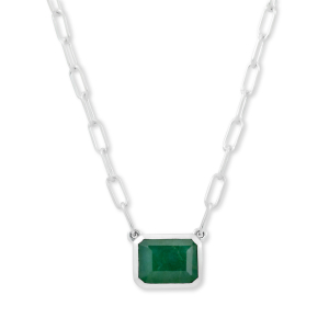 SAMUEL B STERLING SILVER BIRTHSTONE NECKLACE WITH EMERALD CUT 9 X 7 EMERALD ON PAPERCLIP CHAIN