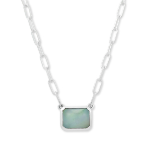 SAMUEL B STERLING SILVER BIRTHSTONE NECKLACE WITH EMERALD CUT 9 X 7 OPAL ON PAPERCLIP CHAIN