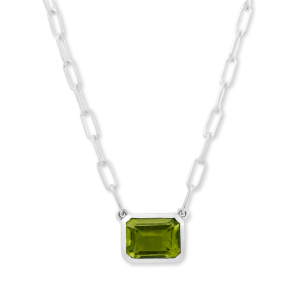 SAMUEL B STERLING SILVER BIRTHSTONE NECKLACE WITH EMERALD CUT 9 X 7 PERIDOT ON PAPERCLIP CHAIN