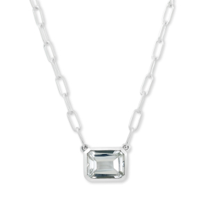 SAMUEL B STERLING SILVER BIRTHSTONE NECKLACE WITH EMERALD CUT 9 X 7 WHITE TOPAZ ON PAPERCLIP CHAIN
