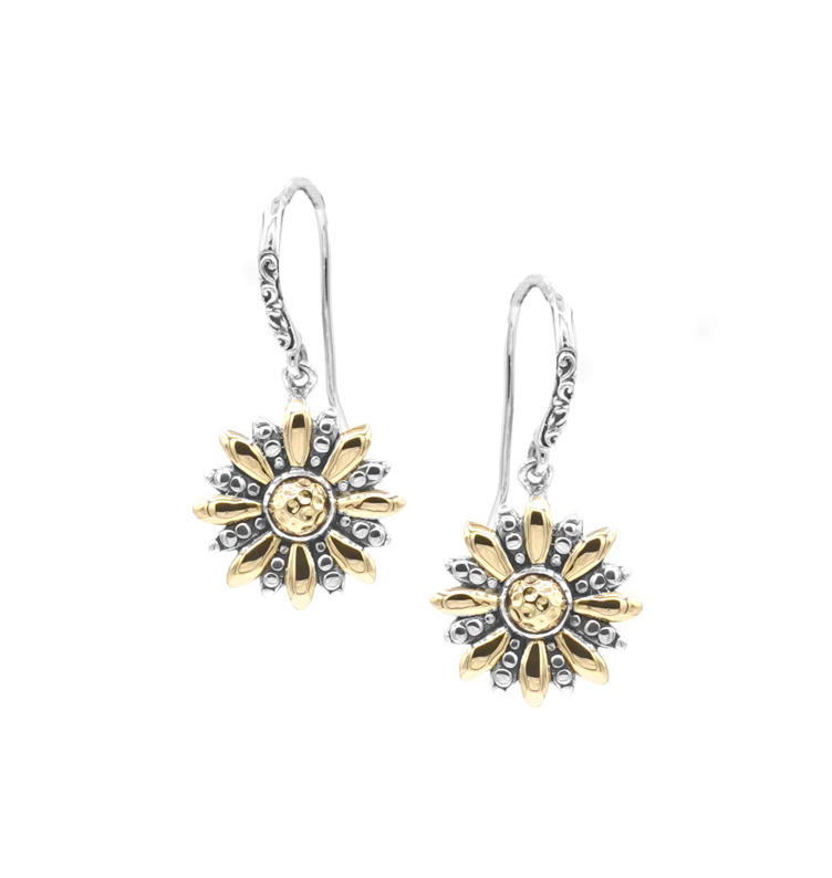 SAMUEL B COLLECTION STERLING SILVER & 18K YELLOW GOLD GOLDEN SOLISTICE SUNFLOWER DANGLE SILVER EARRINGS   (4.28 GRAMS)