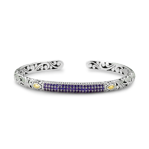 SAMUEL B STERLING SILVER & 18 KARAT YELLOW GOLD PAVE BIRTHSTONE BANGLE BRACELET WITH AMETHYST