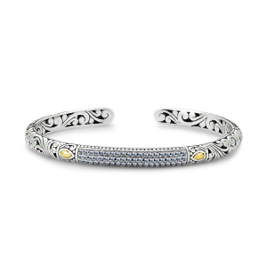 SAMUEL B STERLING SILVER & 18 KARAT YELLOW GOLD PAVE BIRTHSTONE BANGLE BRACELET WITH AQUAMARINE