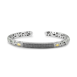 SAMUEL B STERLING SILVER & 18 KARAT YELLOW GOLD PAVE BIRTHSTONE BANGLE BRACELET WITH BLACK SPINEL