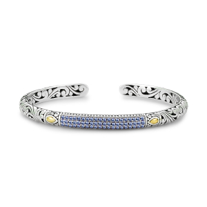 SAMUEL B STERLING SILVER & 18 KARAT YELLOW GOLD PAVE BIRTHSTONE BANGLE BRACELET WITH BLUE SAPPHIRE