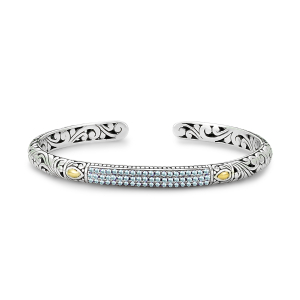 SAMUEL B STERLING SILVER & 18 KARAT YELLOW GOLD PAVE BIRTHSTONE BANGLE BRACELET WITH BLUE TOPAZ