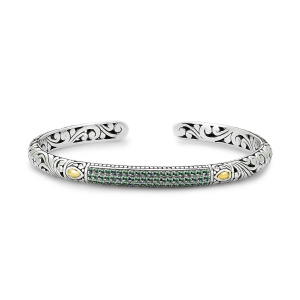 SAMUEL B STERLING SILVER & 18 KARAT YELLOW GOLD PAVE BIRTHSTONE BANGLE BRACELET WITH EMERALD