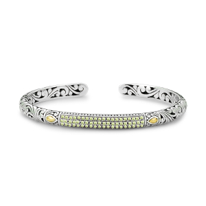 SAMUEL B STERLING SILVER & 18 KARAT YELLOW GOLD PAVE BIRTHSTONE BANGLE BRACELET WITH PERIDOT