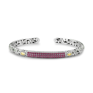 SAMUEL B STERLING SILVER & 18 KARAT YELLOW GOLD PAVE BIRTHSTONE BANGLE BRACELET WITH RUBY