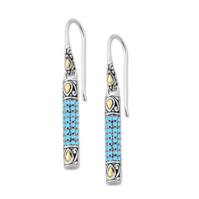 SAMUEL B STERLING SILVER  / 18K YELLOW GOLD PAVE SLEEPING BEAUTY GLITTER EARRINGS WITH TURQUOISE