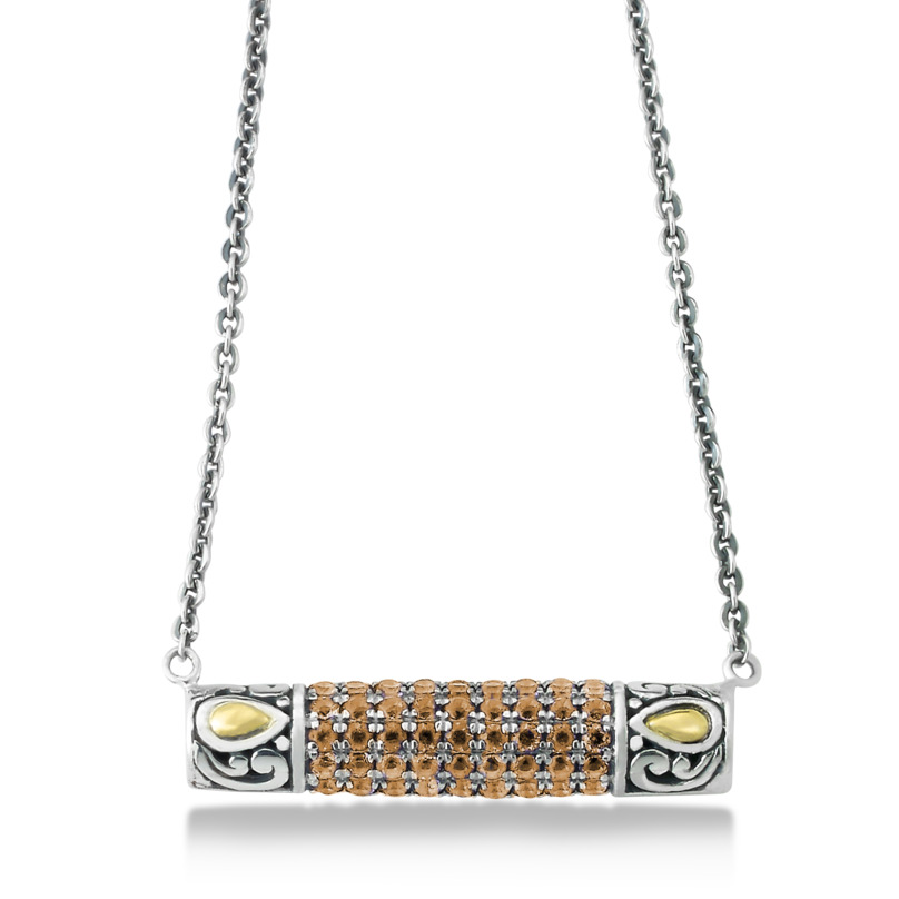 SAMUEL B COLLECTION GLITTER STERLING SILVER & 18K YELLOW GOLD PAVE' BAR PENDANT WITH ROUND CITRINES 16