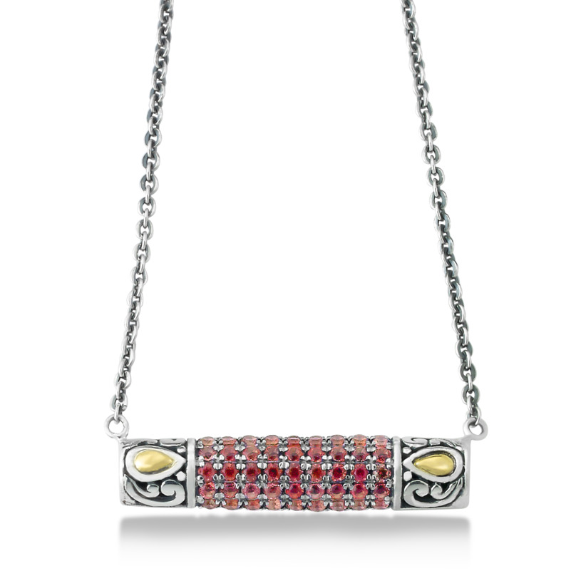 SAMUEL B COLLECTION GLITTER STERLING SILVER & 18K YELLOW GOLD PAVE' BAR PENDANT WITH ROUND GARNETS 16