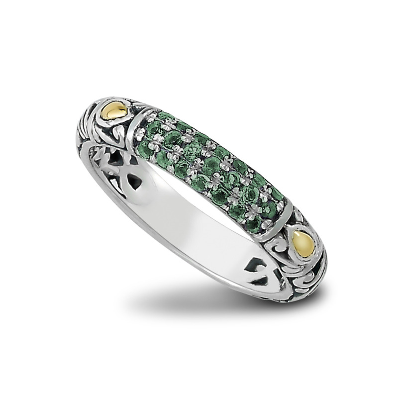 SAMUEL B COLLECTION GLITTER STERLING SILVER & 18K YELLOW GOLD PAVE SILVER RING SIZE 7 WITH ROUND EMERALDS