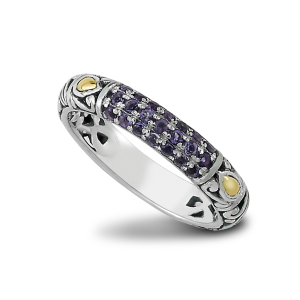 SAMUEL B STERLING SILVER & 18 KARAT YELLOW GOLD PAVE BIRTHSTONE RING WITH AMETHYST