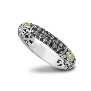 SAMUEL B STERLING SILVER & 18 KARAT YELLOW GOLD PAVE BIRTHSTONE RING SIZE 7 WITH BLACK SPINEL