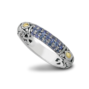 SAMUEL B STERLING SILVER & 18 KARAT YELLOW GOLD PAVE BIRTHSTONE RING SIZE 8 WITH BLUE SAPPHIRE