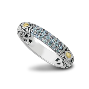 SAMUEL B STERLING SILVER & 18 KARAT YELLOW GOLD PAVE BIRTHSTONE RING SIZE 8 WITH BLUE TOPAZ