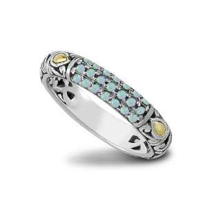 SAMUEL B STERLING SILVER & 18 KARAT YELLOW GOLD PAVE BIRTHSTONE RING SIZE 7 WITH OPAL