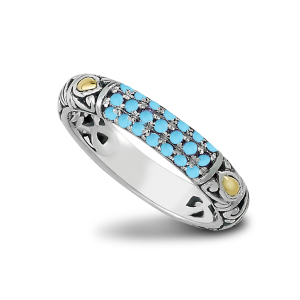 SAMUEL B STERLING SILVER & 18 KARAT YELLOW GOLD PAVE BIRTHSTONE RING SIZE 8 WITH SLEEPING BEAUTY TURQUOISE