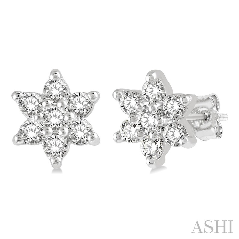 10K WHITE GOLD FLOWER DIAMOND EARRINGS WITH 14=0.15TW SINGLE CUT I-J I1-I2 DIAMONDS