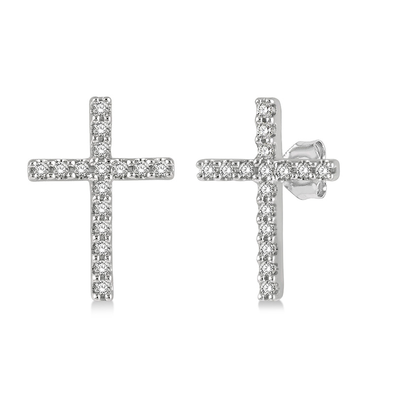10K WHITE GOLD STUD CROSS DIAMOND EARRINGS WITH 32=0.10TW SINGLE CUT I-J I1-I2 DIAMONDS  (0.75 GRAMS)